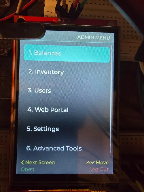 Admin menu on the device showing six categories — Balances, Inventory, Users, Web Portal, Settings, Advanced Tools