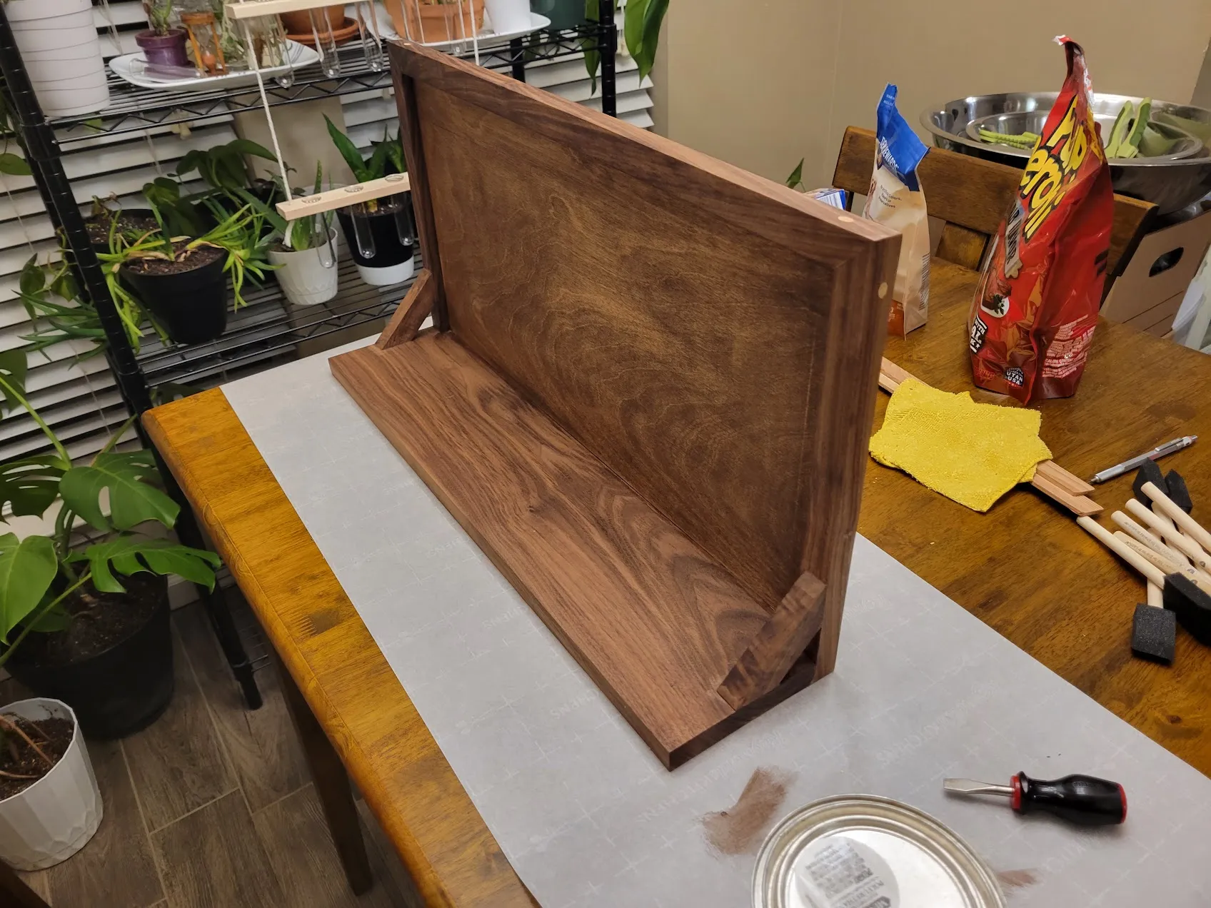 Frame and shelf after the final stain coat, walnut noticeably darker