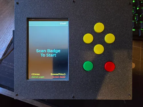 The finished snack cart terminal switched on, showing the start screen