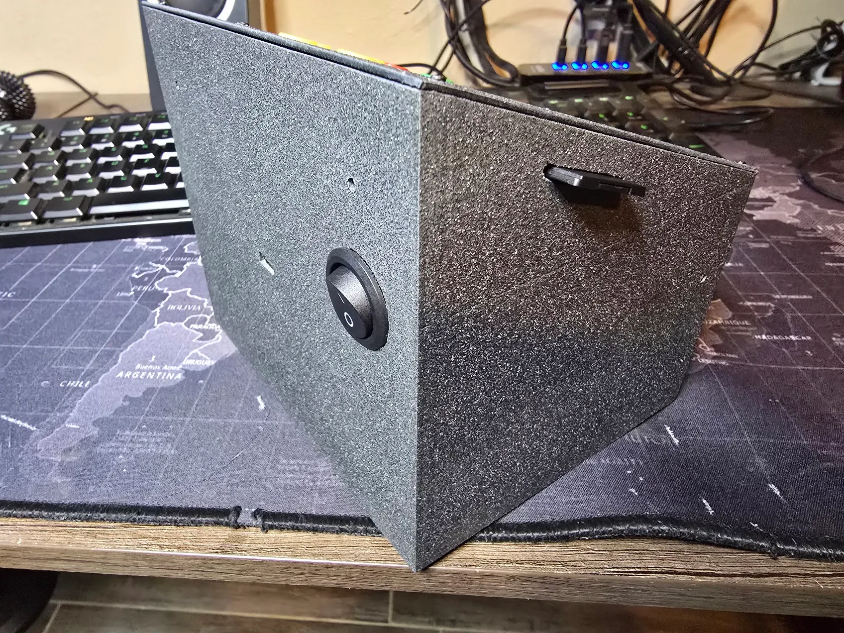 Side of the finished enclosure with the rocker power switch and the SD card poking out of its cutout