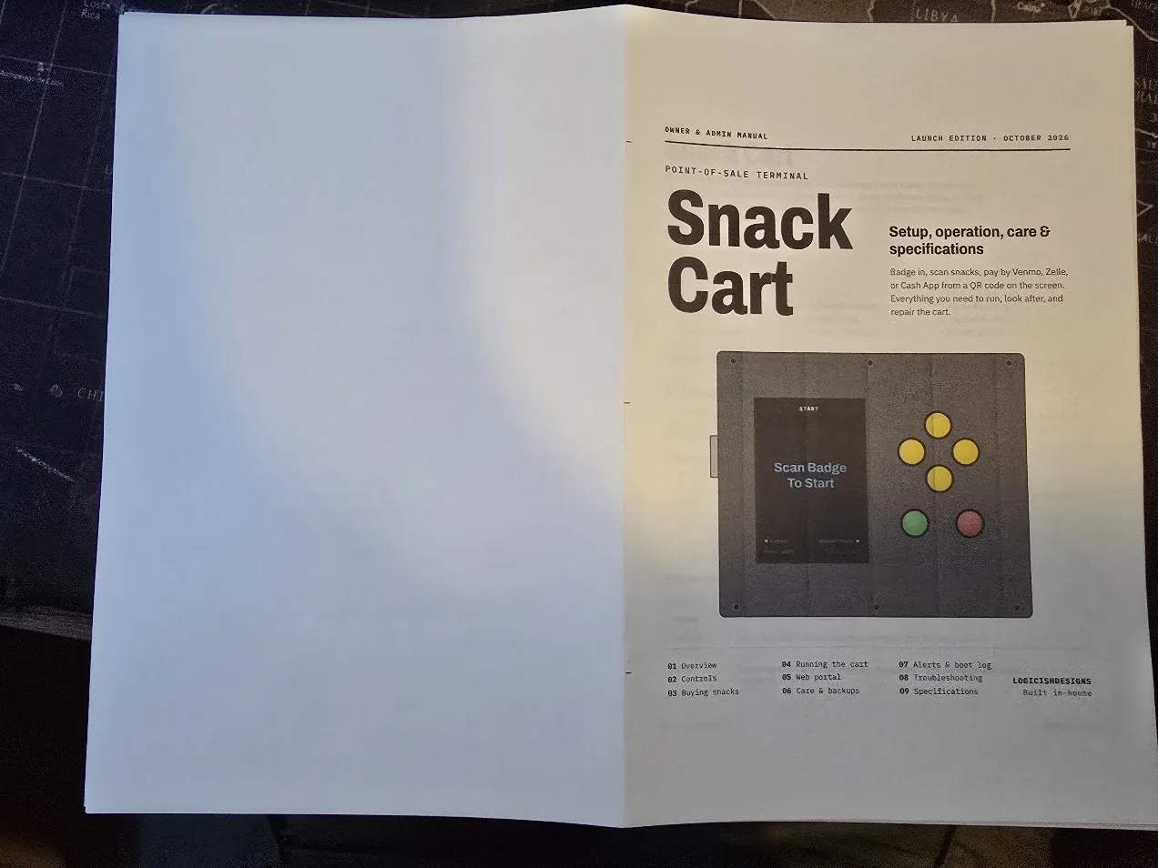 Printed manual pages laid out flat, with the cover facing up on the folded sheet